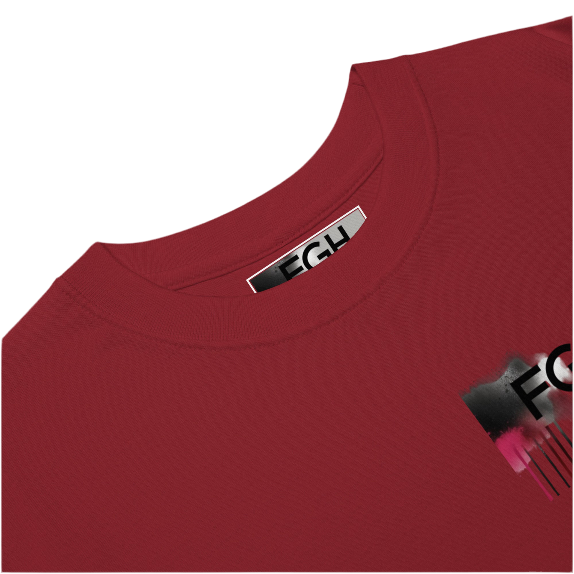 Red FGH Gym Hustler cotton shirt featuring urban graffiti design, premium streetwear for dedicated athletes.