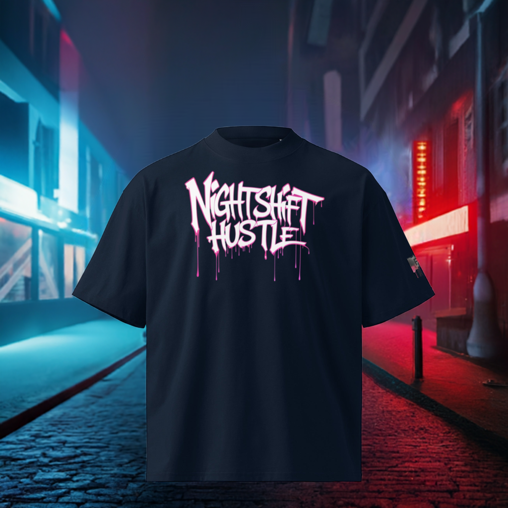 Nightshift Hustle oversized statement shirt made from organic cotton, featuring bold graffiti-style text design.