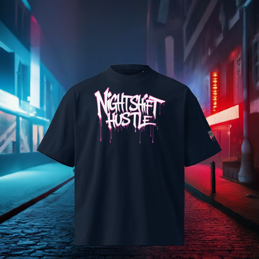 Nightshift Hustle oversized statement shirt made from organic cotton, featuring bold graffiti-style text design.