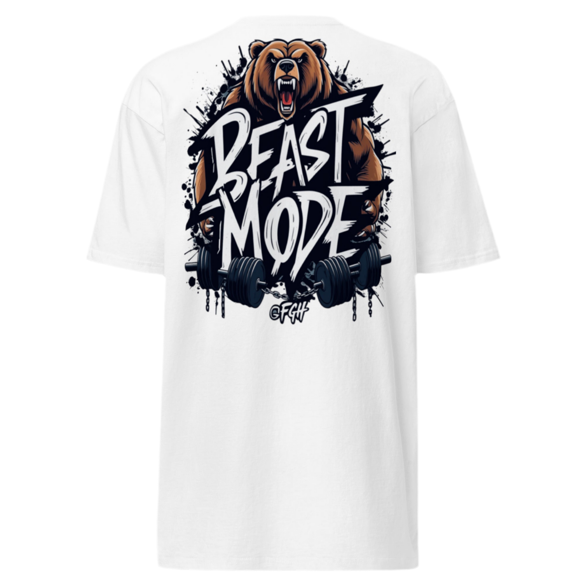 Premium white Gym Hustler T-shirt with bold Beastmode bear backprint and street-art style front tag – heavyweight unisex cotton fit