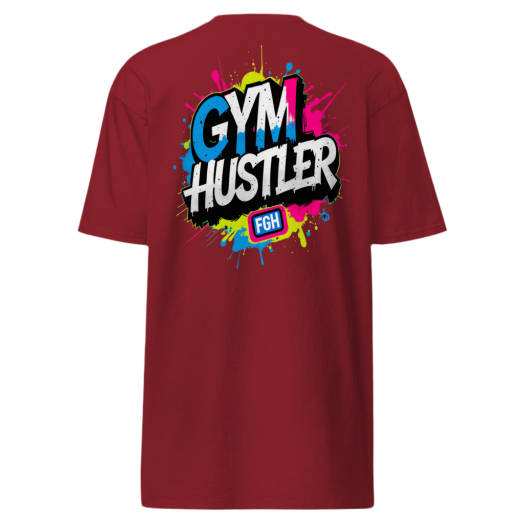 Red FGH Gym Hustler cotton shirt featuring urban graffiti design, premium streetwear for dedicated athletes.