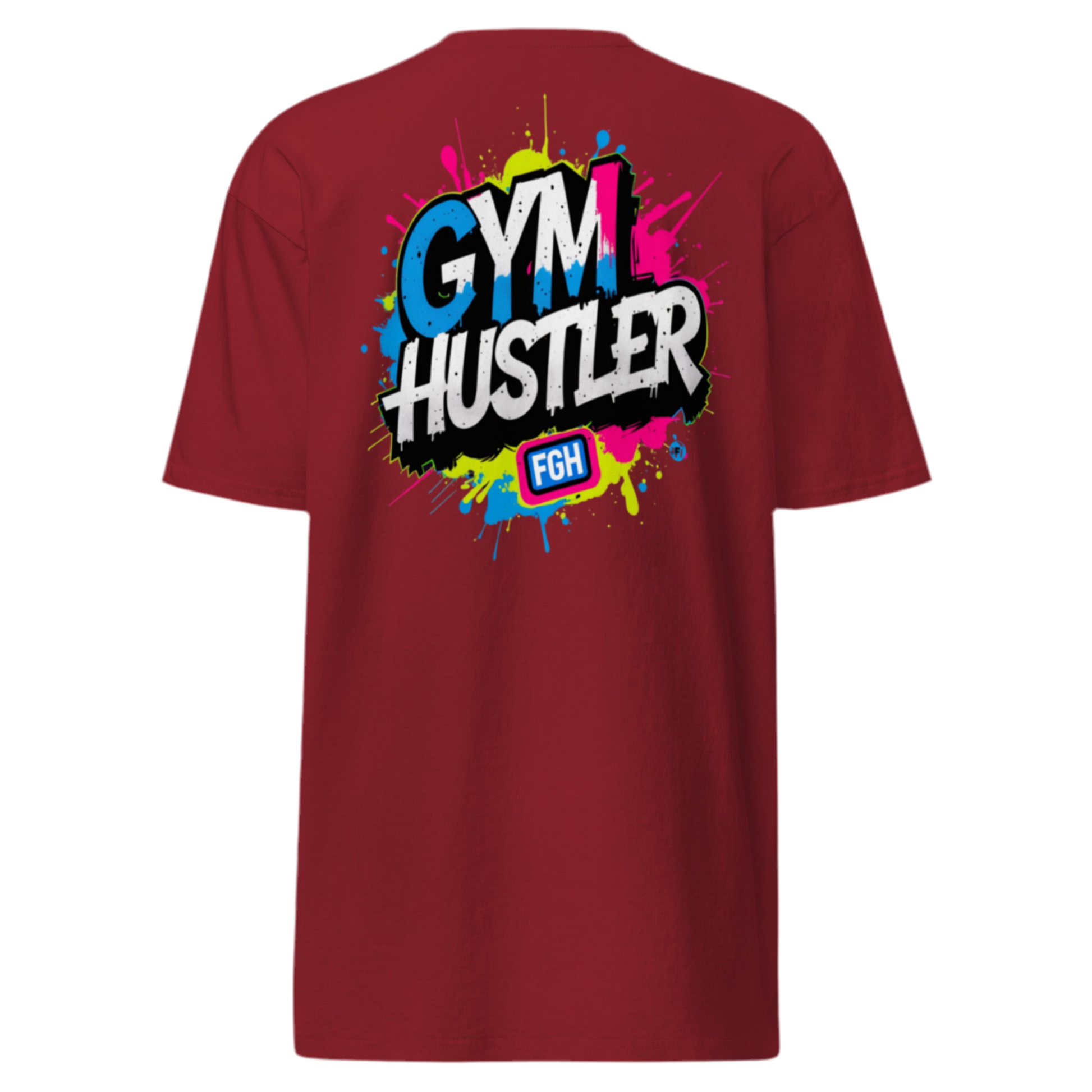 Red FGH Gym Hustler cotton shirt featuring urban graffiti design, premium streetwear for dedicated athletes.