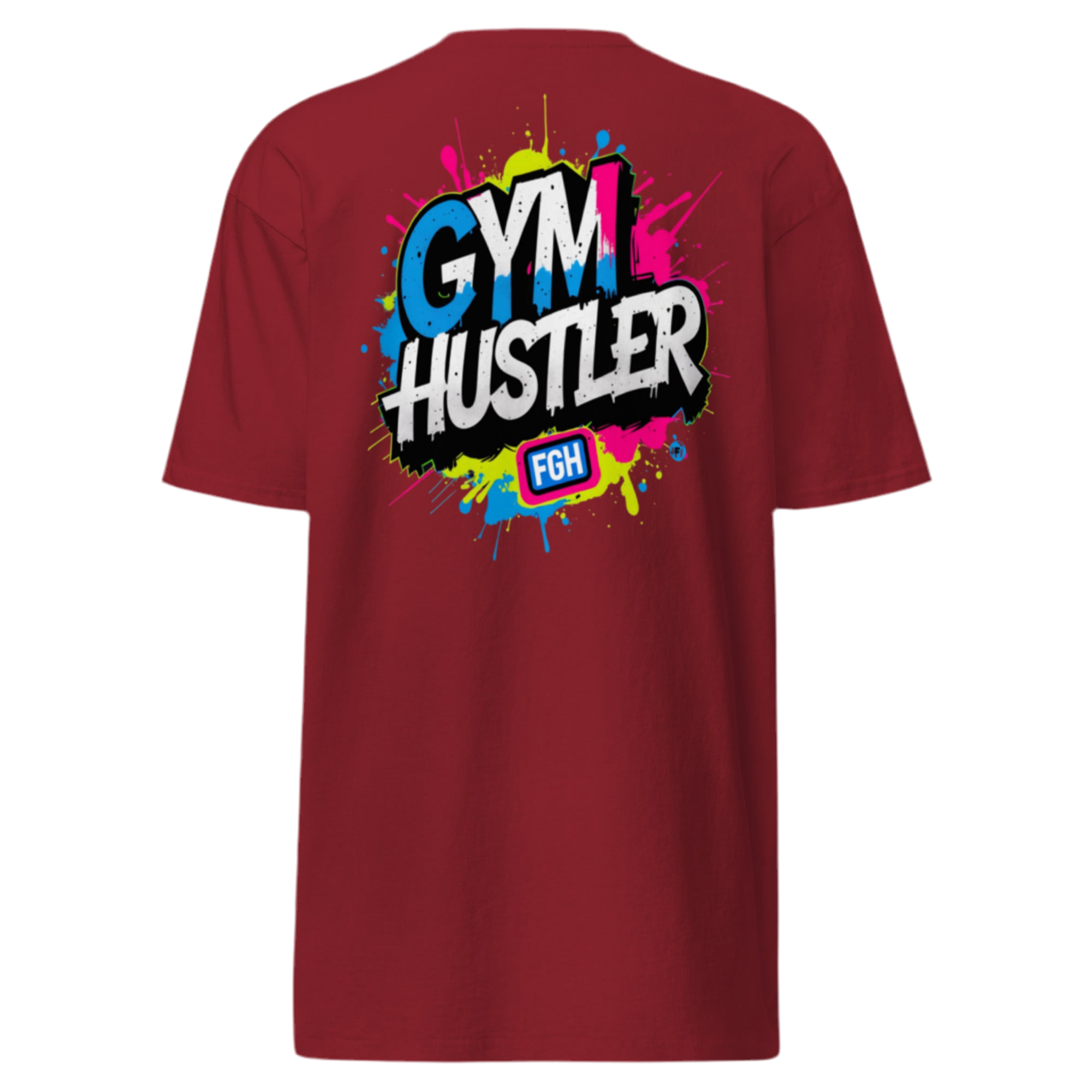 Red FGH Gym Hustler cotton shirt featuring urban graffiti design, premium streetwear for dedicated athletes.