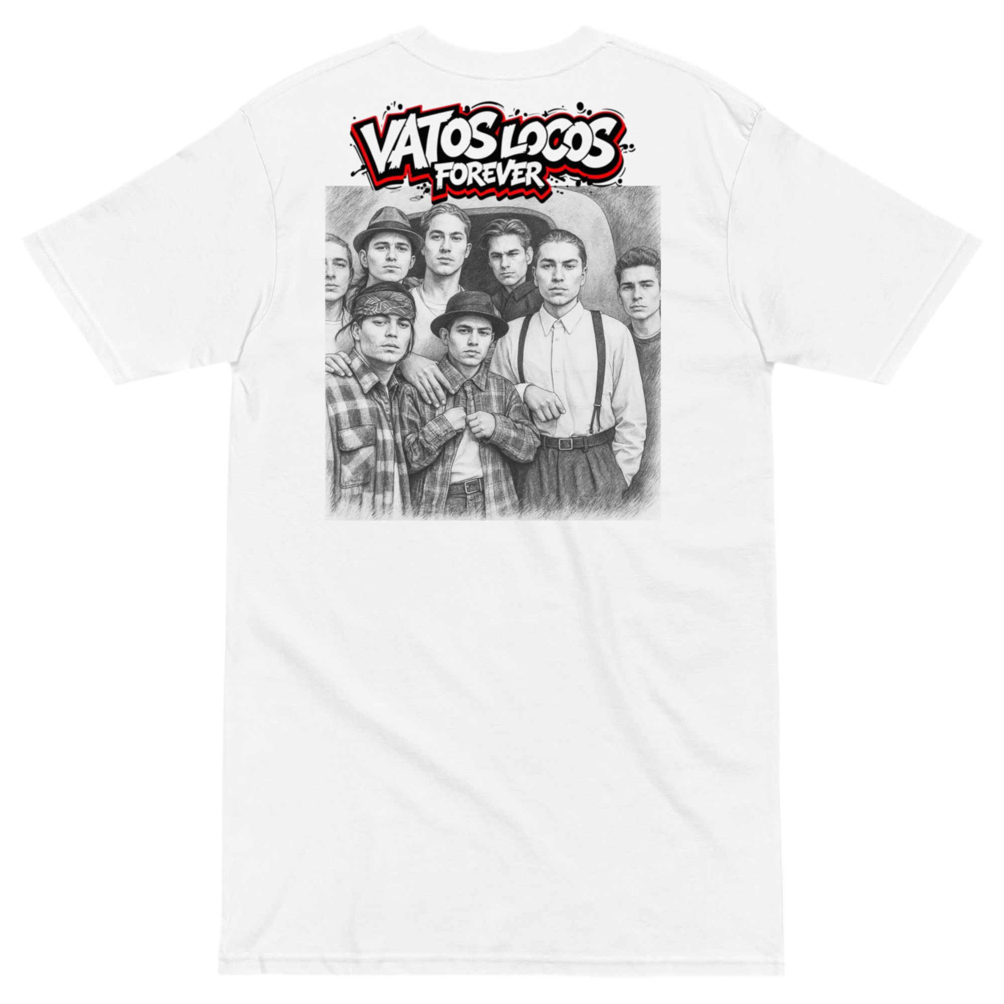 White heavyweight cotton tee with bold black and red graffiti text ‘Vatos Locos Forever – Blood in Blood Out Worldwide’ inspired by 90s cult movie