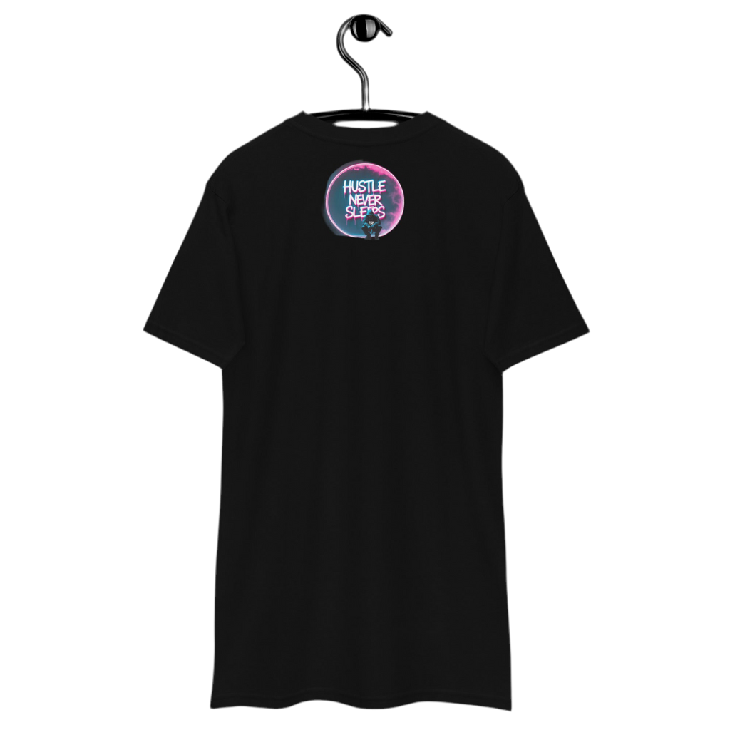 Hustle Never Sleeps T-shirt in heavyweight cotton with graffiti print, urban streetwear by FGH Collective.