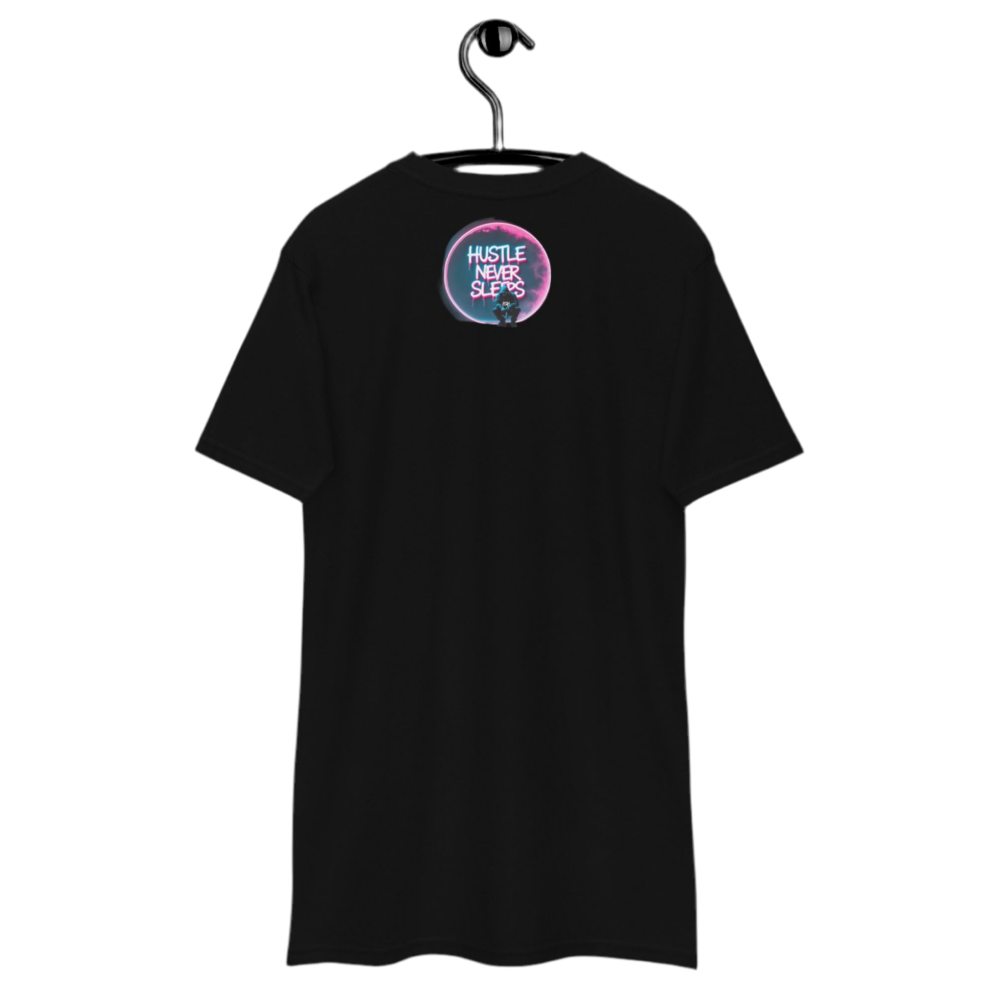 Hustle Never Sleeps T-shirt in heavyweight cotton with graffiti print, urban streetwear by FGH Collective.