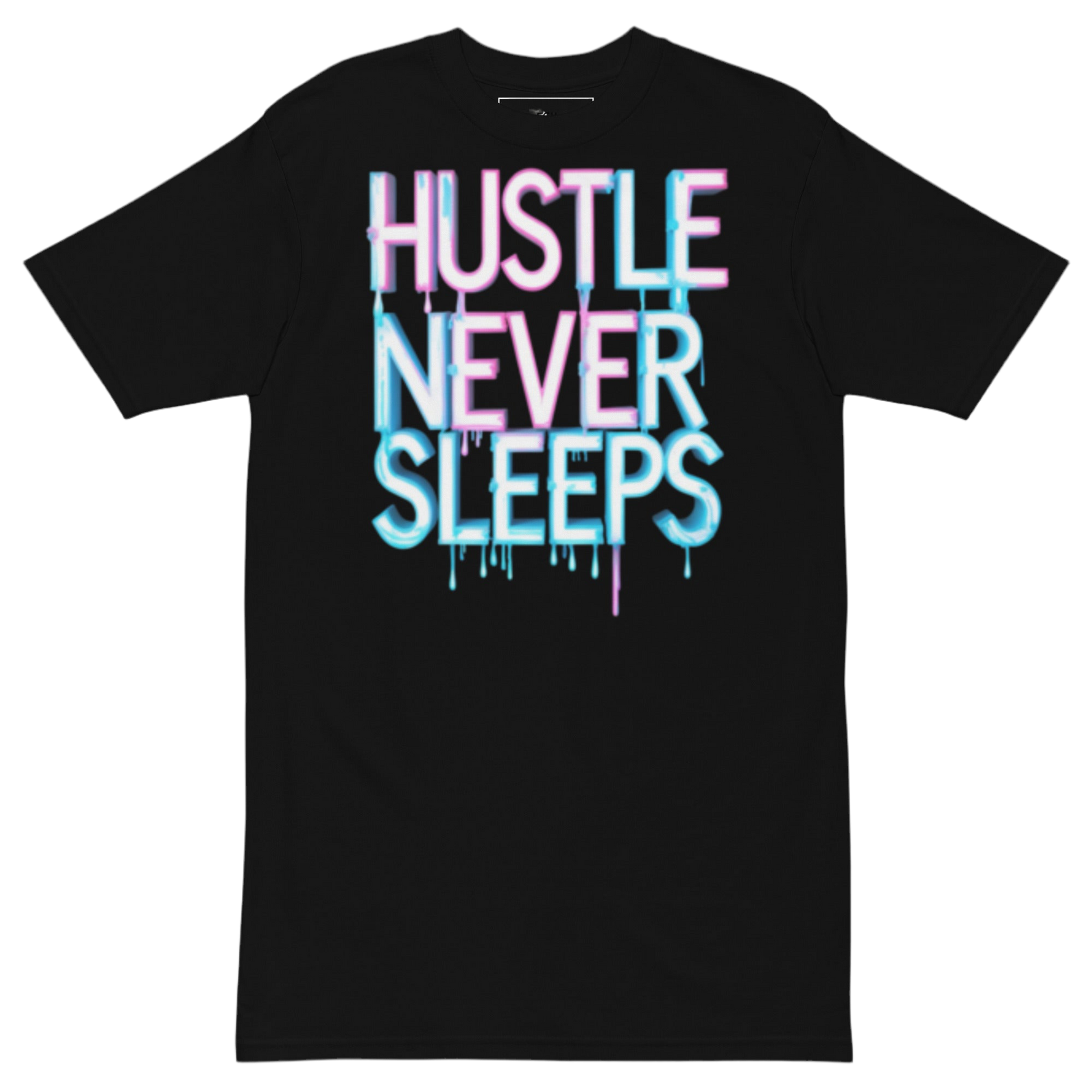 Hustle Never Sleeps T-shirt in heavyweight cotton with graffiti print, urban streetwear by FGH Collective.