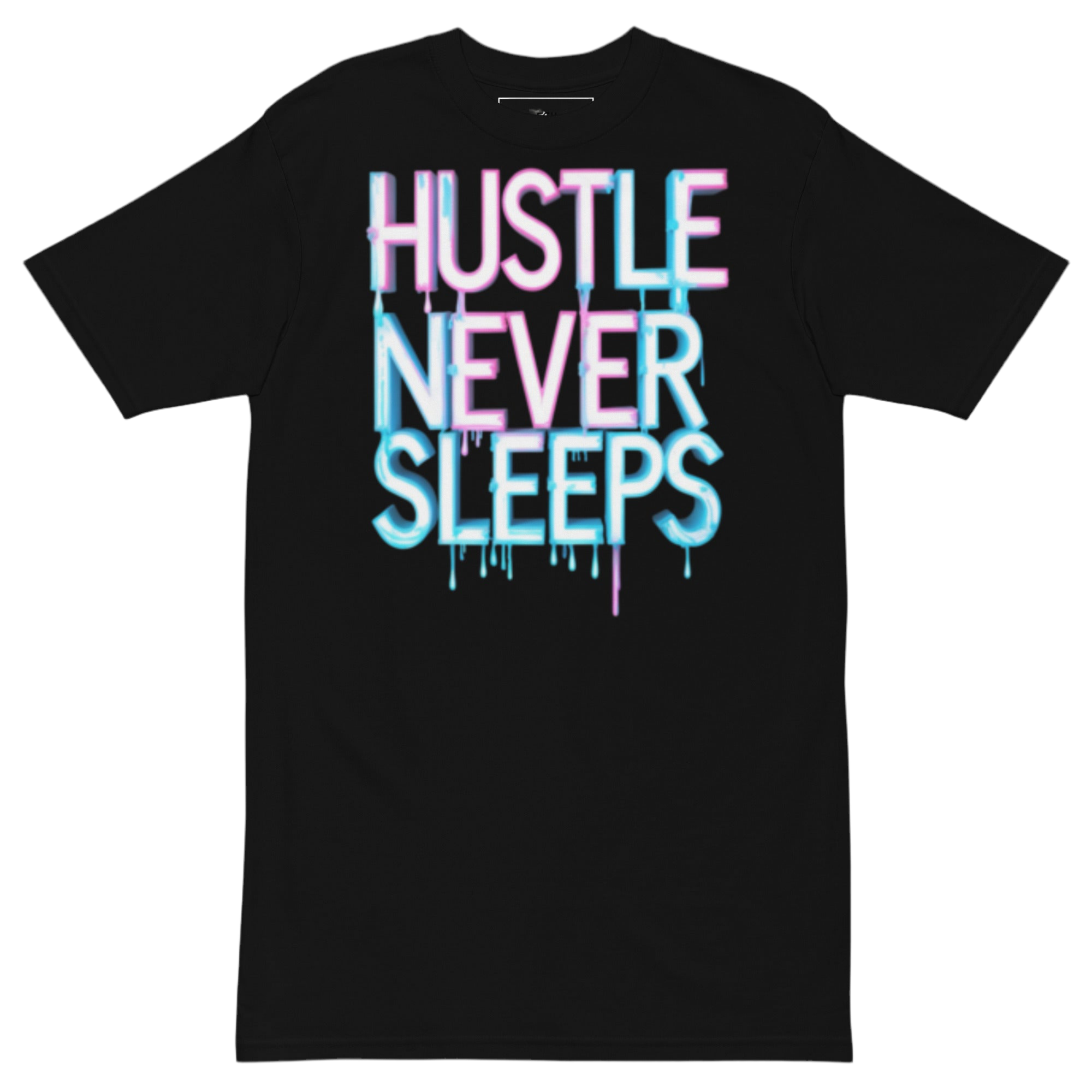 Hustle Never Sleeps T-shirt in heavyweight cotton with graffiti print, urban streetwear by FGH Collective.