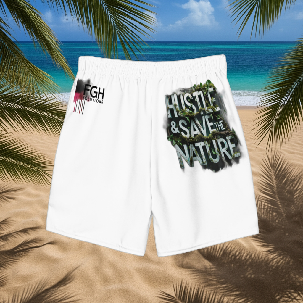 Recycled swim trunks with “Hustle and Save Nature” slogan, eco-friendly beach shorts for hustlers.
