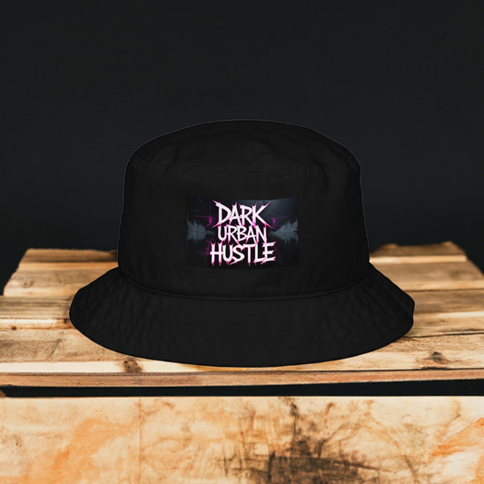 Dark Urban Hustle bucket hat in organic cotton with premium embroidery, designed for unisex streetwear enthusiasts.