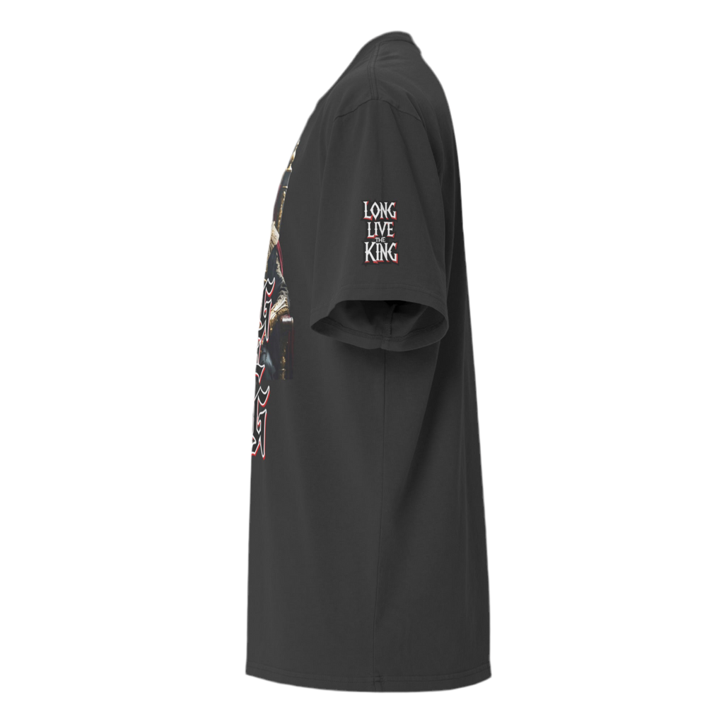 oversized gothic-style t-shirt featuring a crowned skeleton king on a throne with the graffiti text “Long Live The King” in red, white, and black