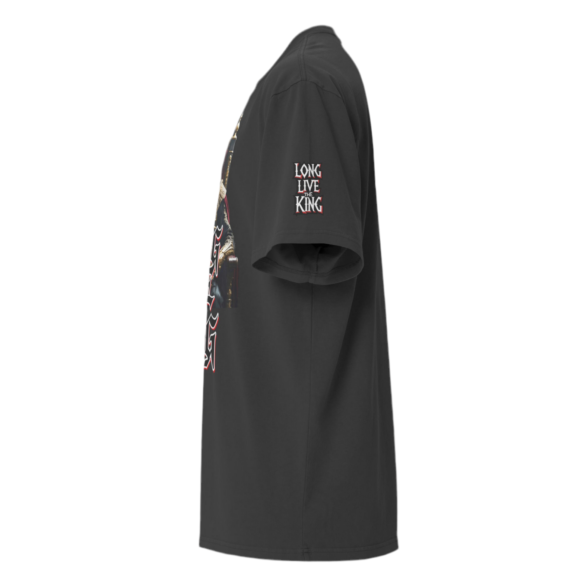 oversized gothic-style t-shirt featuring a crowned skeleton king on a throne with the graffiti text “Long Live The King” in red, white, and black