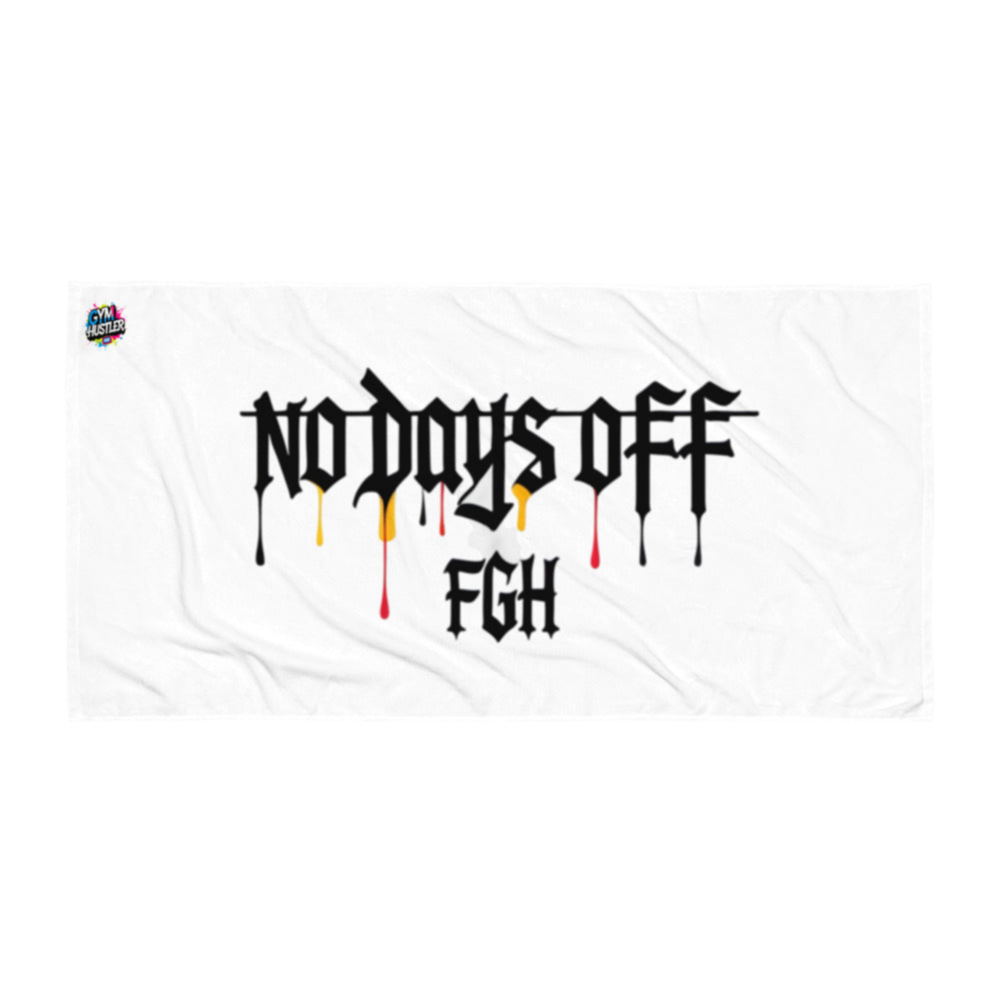 No Days Off premium white gym towel with graffiti design, part of the exclusive FGH Edition.