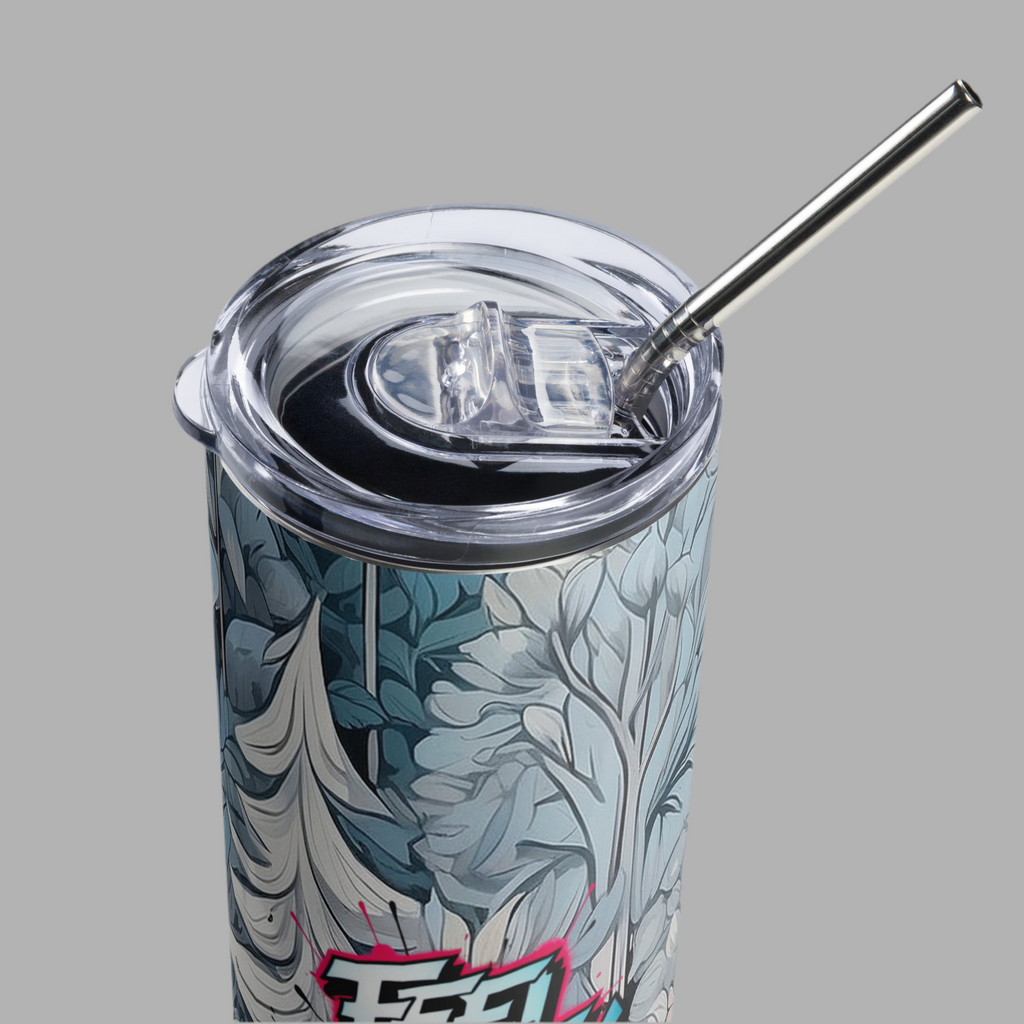 “FGH stainless steel tumbler with graffiti design ‘Feel Every Drop’, premium drinkware for hot and cold drinks”