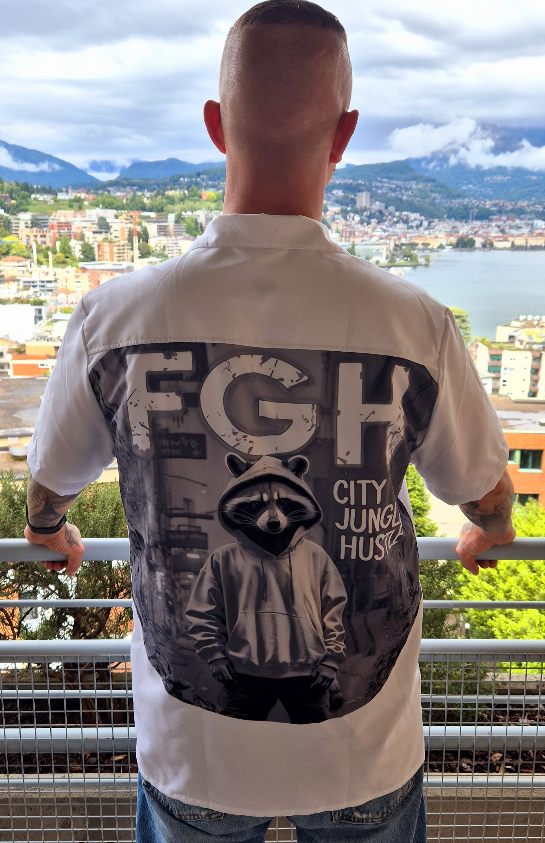 Limited edition Urban Raccoon Jungle Hustle button-up shirt, summer beach tee with graffiti design.