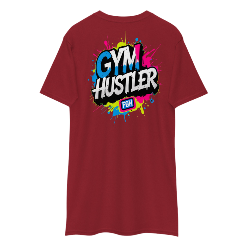 Red FGH Gym Hustler cotton shirt featuring urban graffiti design, premium streetwear for dedicated athletes.
