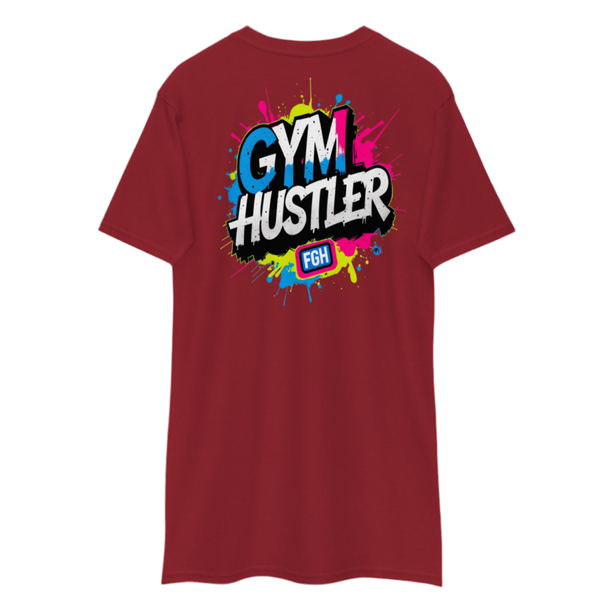 Red FGH Gym Hustler cotton shirt featuring urban graffiti design, premium streetwear for dedicated athletes.