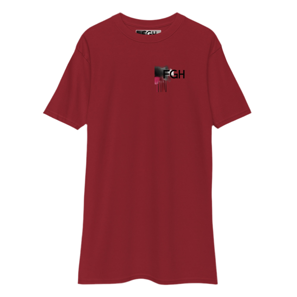 Red FGH Gym Hustler cotton shirt featuring urban graffiti design, premium streetwear for dedicated athletes.