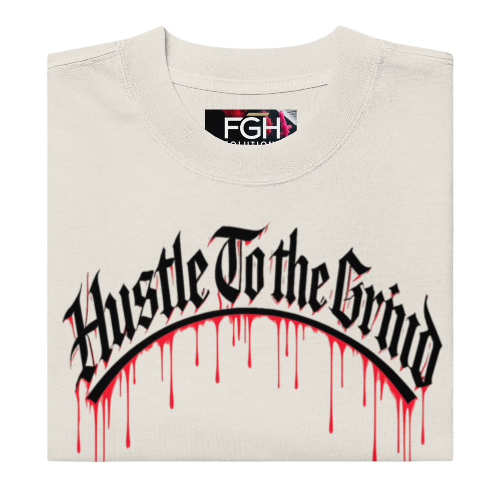 Oversized unisex “Hustle To the Grind” T-shirt in faded white, showcasing urban graffiti streetwear design.