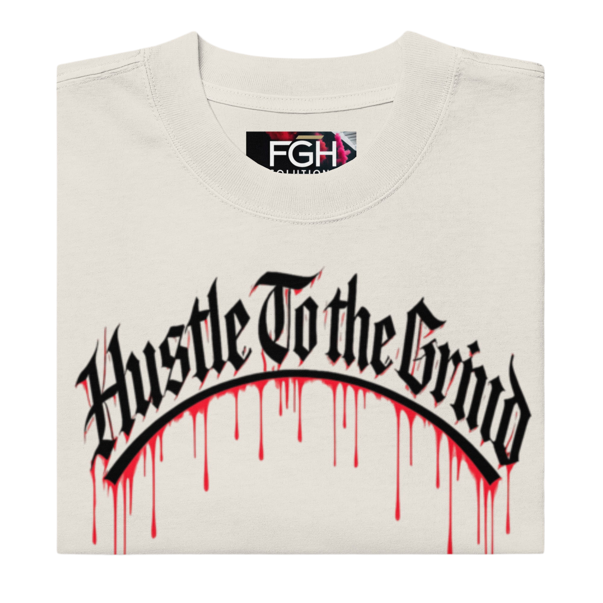 Oversized unisex “Hustle To the Grind” T-shirt in faded white, showcasing urban graffiti streetwear design.