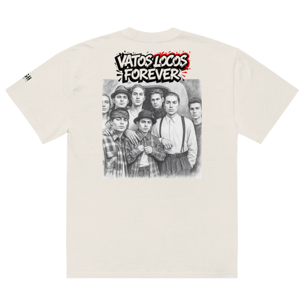 Beige oversized faded cotton t-shirt with backprint ‘Vatos Locos Forever – Blood in Blood Out Worldwide’ inspired by 90s cult streetwear