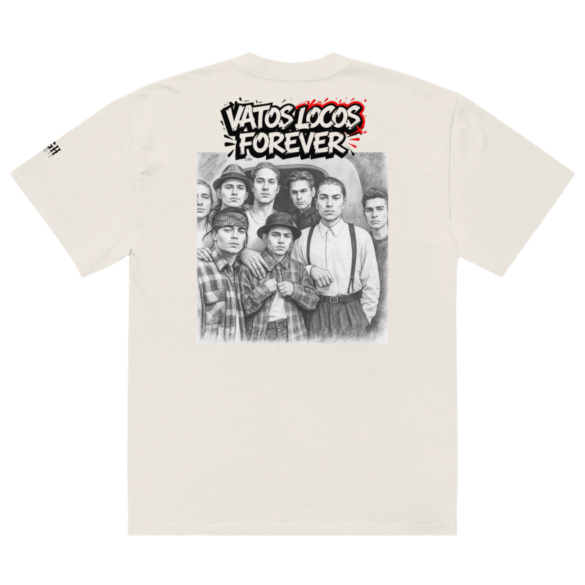 Beige oversized faded cotton t-shirt with backprint ‘Vatos Locos Forever – Blood in Blood Out Worldwide’ inspired by 90s cult streetwear