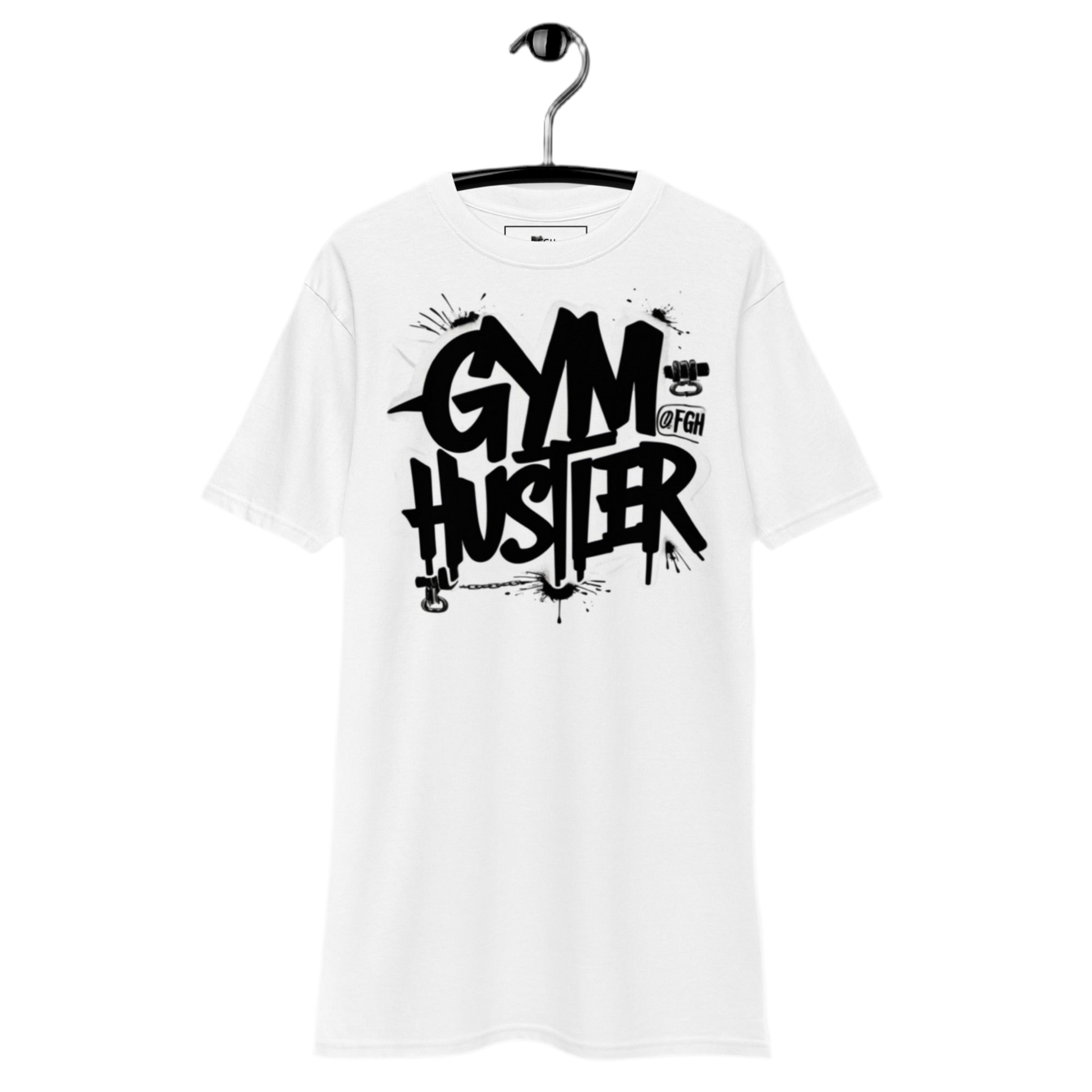 Premium white Gym Hustler T-shirt with bold Beastmode bear backprint and street-art style front tag – heavyweight unisex cotton fit