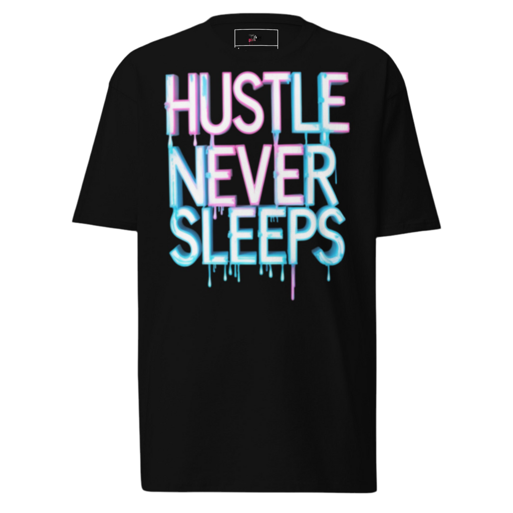 Hustle Never Sleeps T-shirt in heavyweight cotton with graffiti print, urban streetwear by FGH Collective.