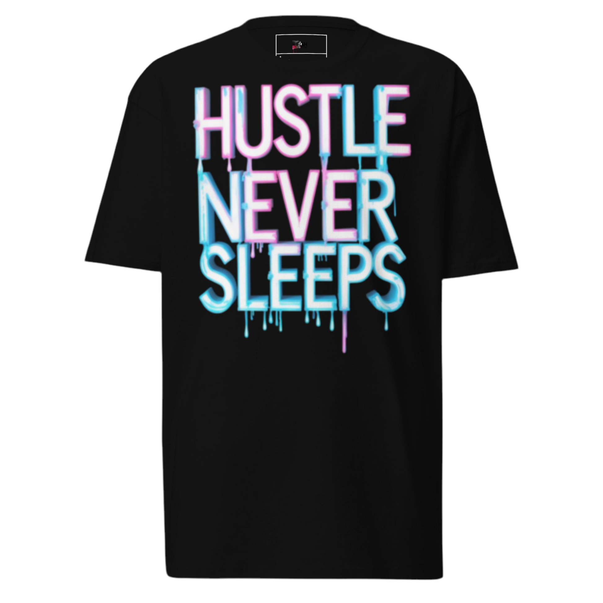 Hustle Never Sleeps T-shirt in heavyweight cotton with graffiti print, urban streetwear by FGH Collective.
