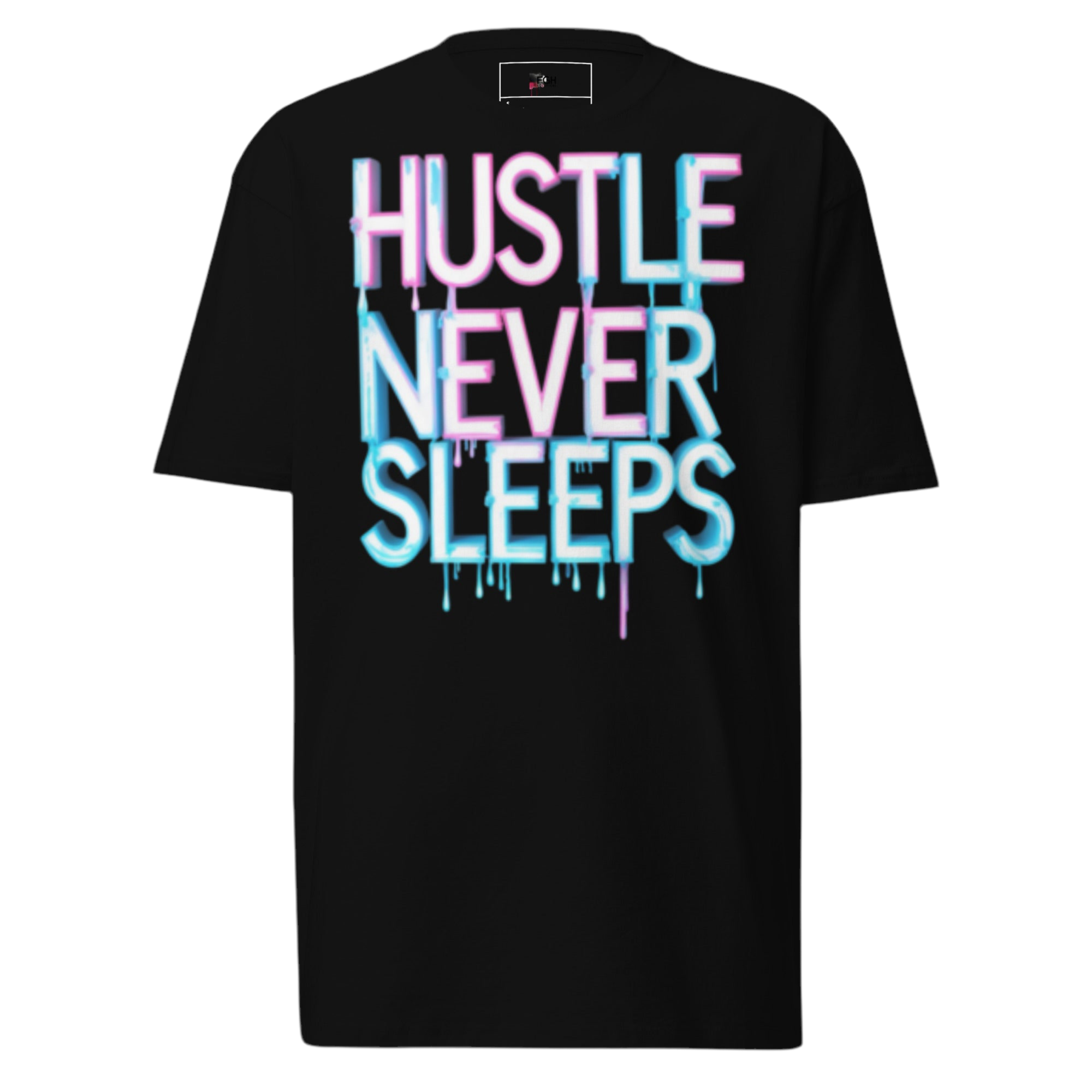 Hustle Never Sleeps T-shirt in heavyweight cotton with graffiti print, urban streetwear by FGH Collective.