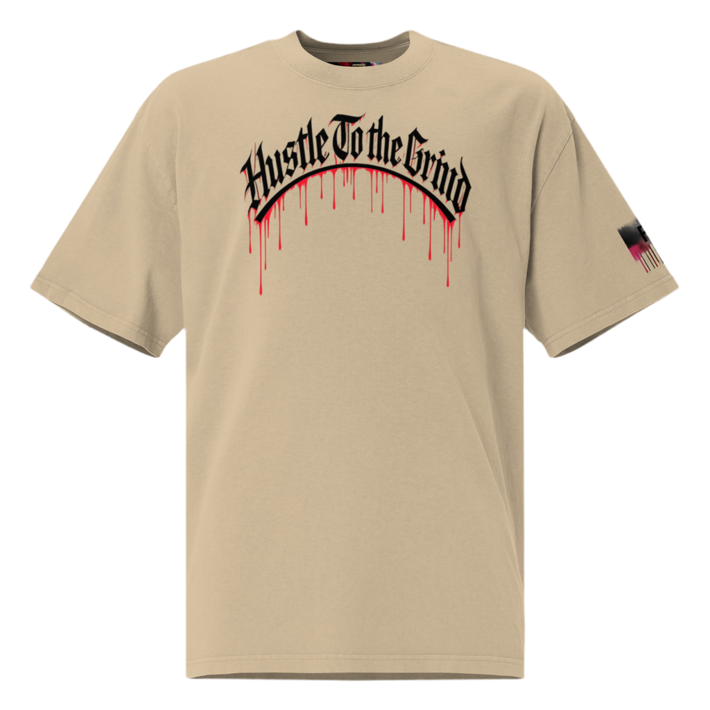 Oversized unisex T-shirt in faded bone color, featuring “Hustle to the Grind” streetwear graphic.