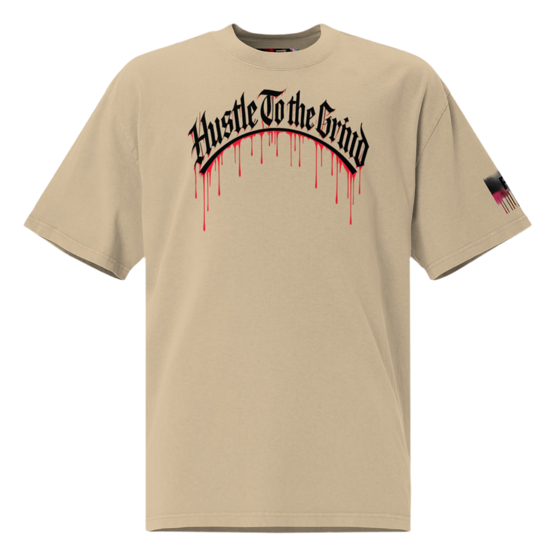 Oversized unisex T-shirt in faded bone color, featuring “Hustle to the Grind” streetwear graphic.