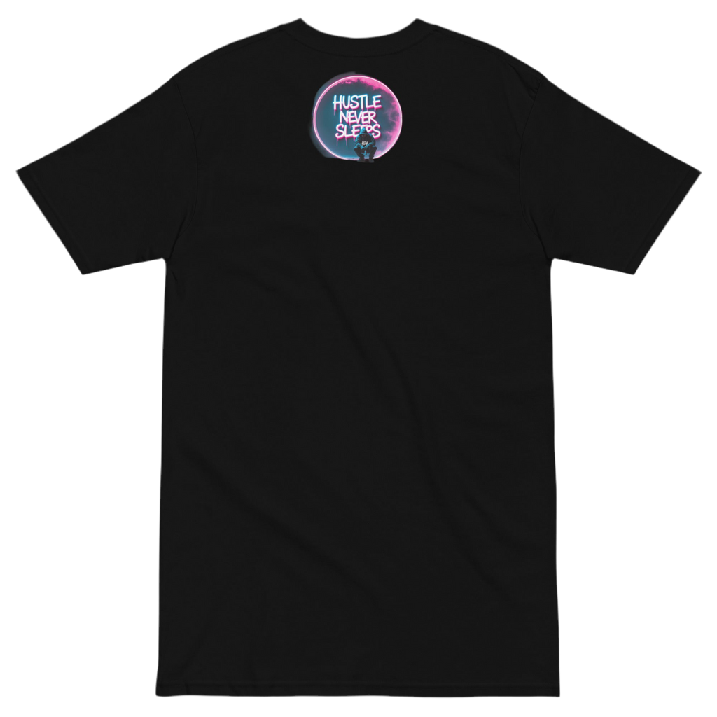 Hustle Never Sleeps T-shirt in heavyweight cotton with graffiti print, urban streetwear by FGH Collective.