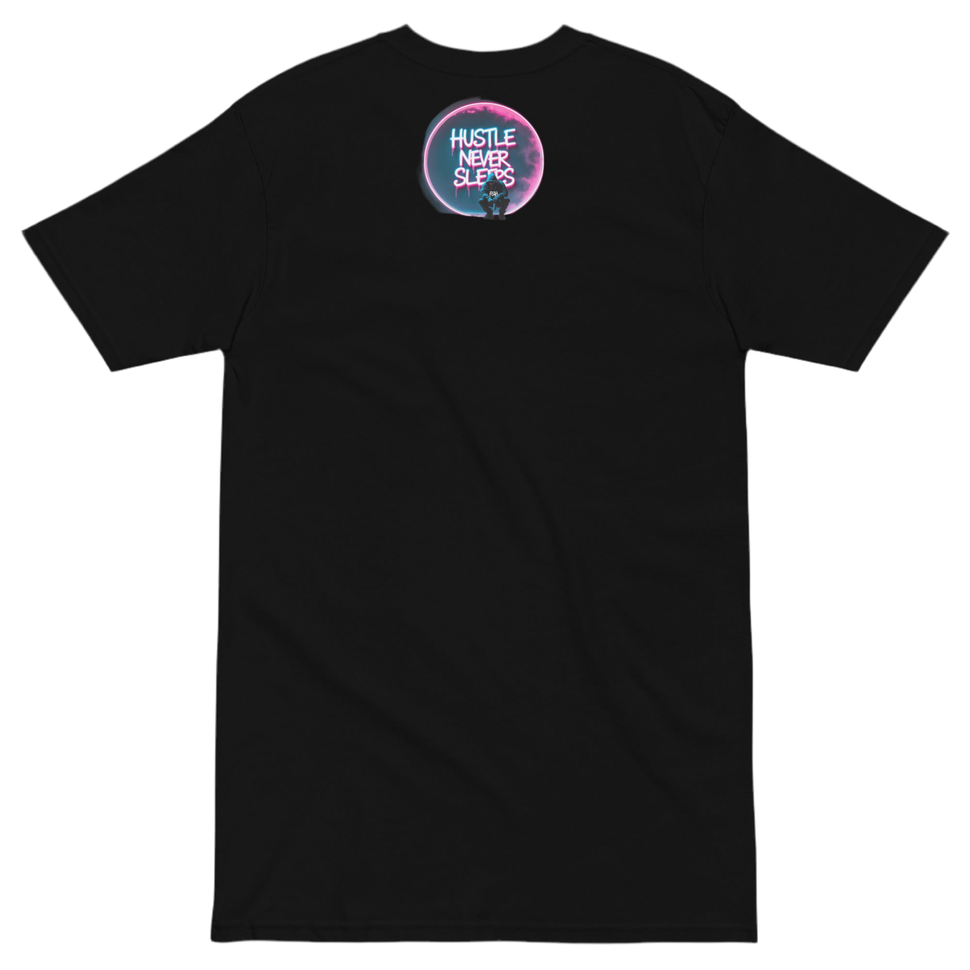 Hustle Never Sleeps T-shirt in heavyweight cotton with graffiti print, urban streetwear by FGH Collective.