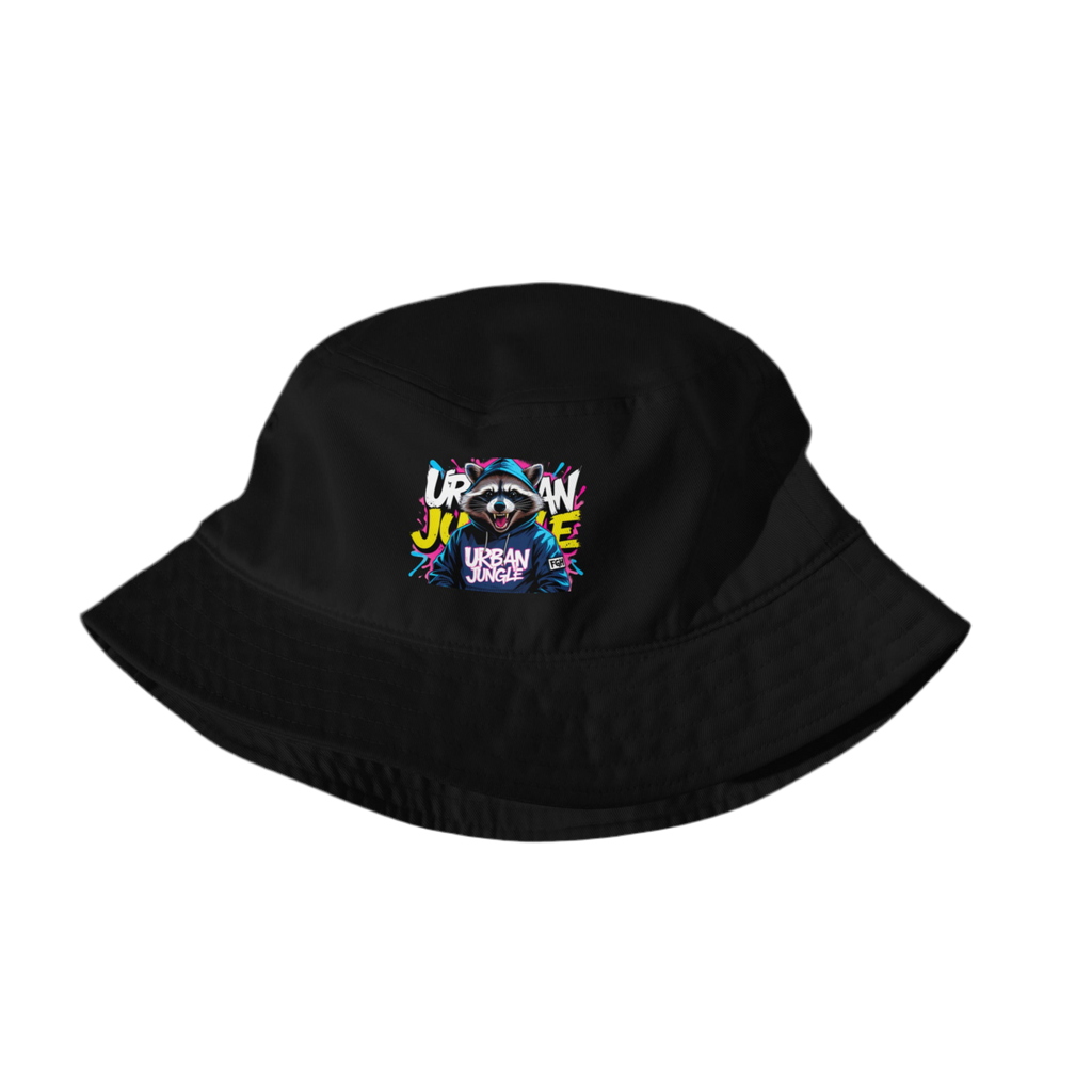  Black “FGH Raccoon” organic bucket hat featuring vibrant graffiti embroidery and jungle-inspired urban streetwear design – FGH Collective exclusive.