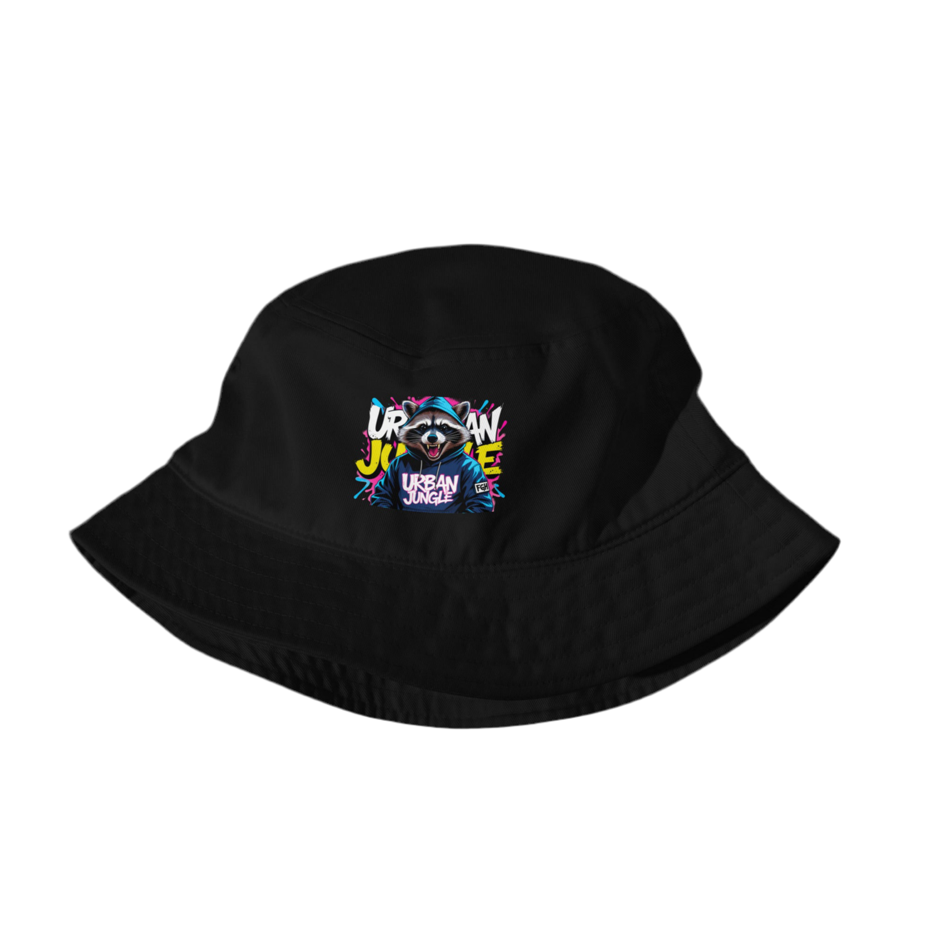  Black “FGH Raccoon” organic bucket hat featuring vibrant graffiti embroidery and jungle-inspired urban streetwear design – FGH Collective exclusive.
