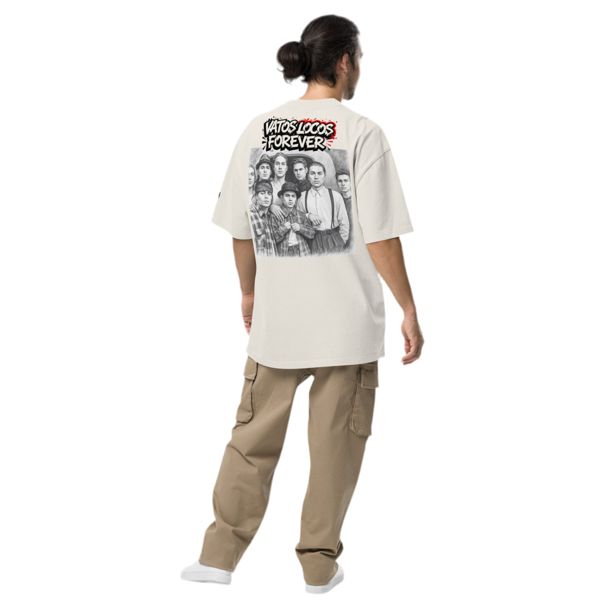 Beige oversized faded cotton t-shirt with backprint ‘Vatos Locos Forever – Blood in Blood Out Worldwide’ inspired by 90s cult streetwear.