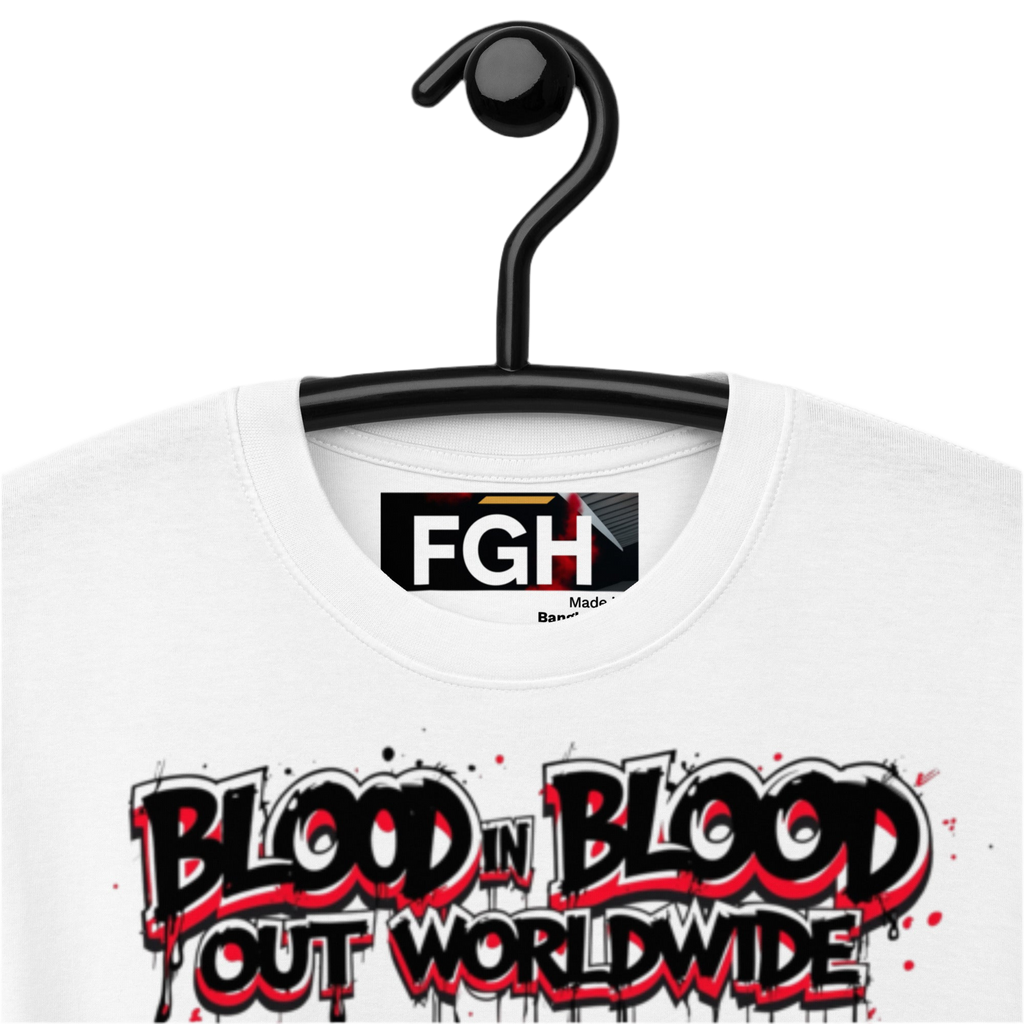 White heavyweight cotton tee with bold black and red graffiti text ‘Vatos Locos Forever – Blood in Blood Out Worldwide’ inspired by 90s cult movie