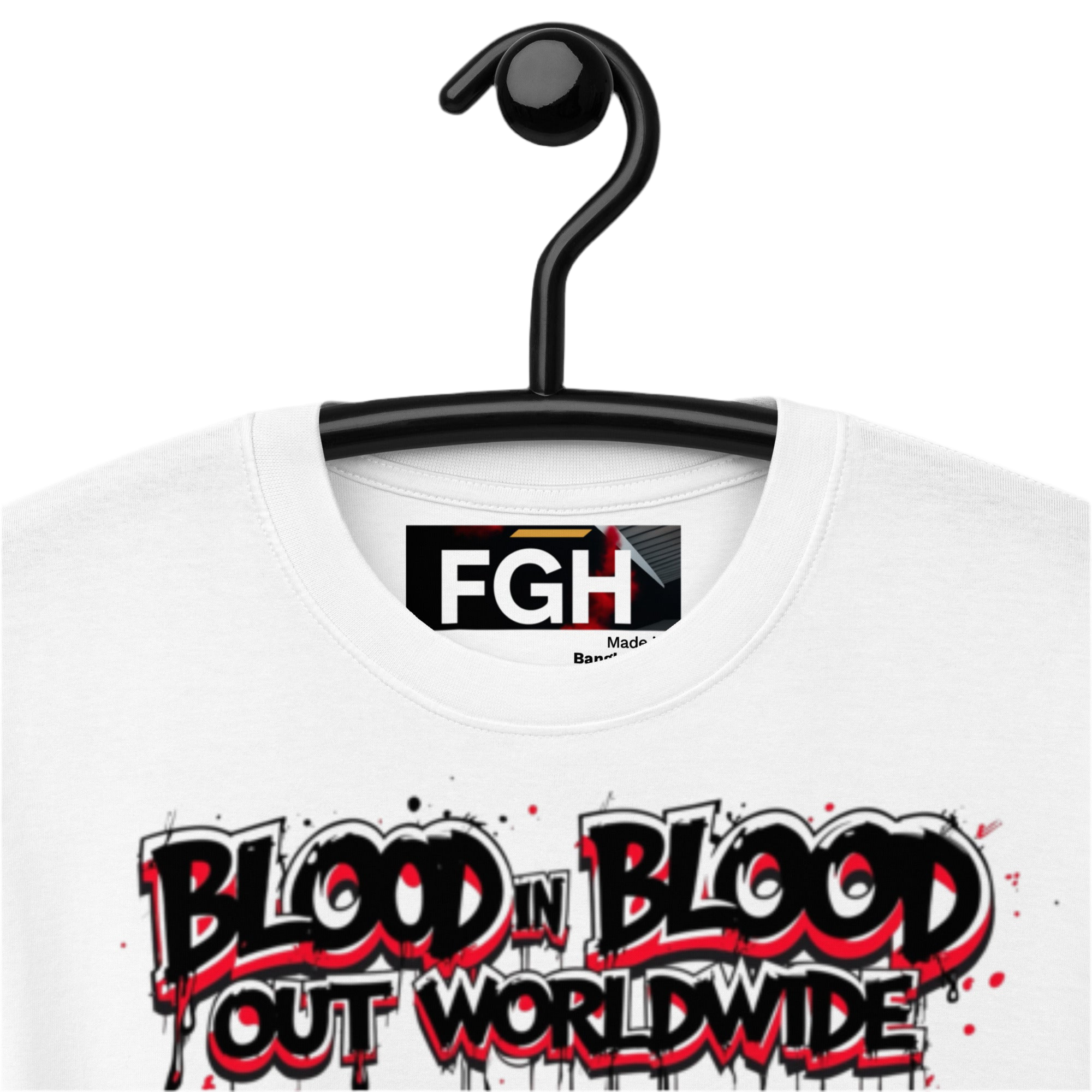 White heavyweight cotton tee with bold black and red graffiti text ‘Vatos Locos Forever – Blood in Blood Out Worldwide’ inspired by 90s cult movie