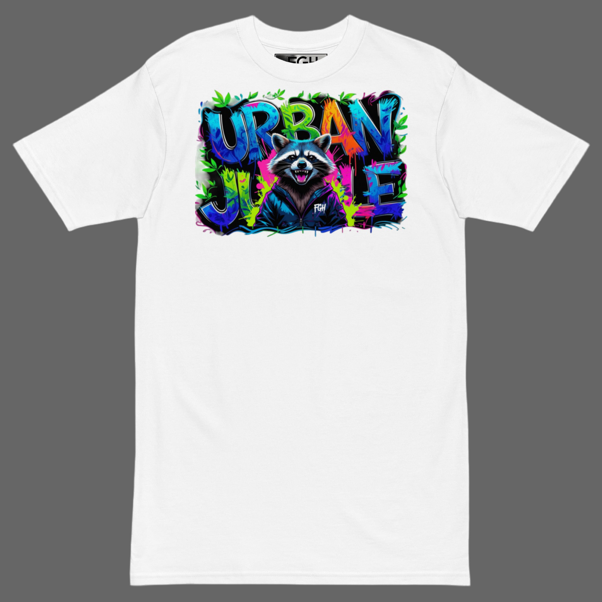 Urban Jungle Raccoon tee with premium graffiti design, limited edition for streetwear enthusiasts.