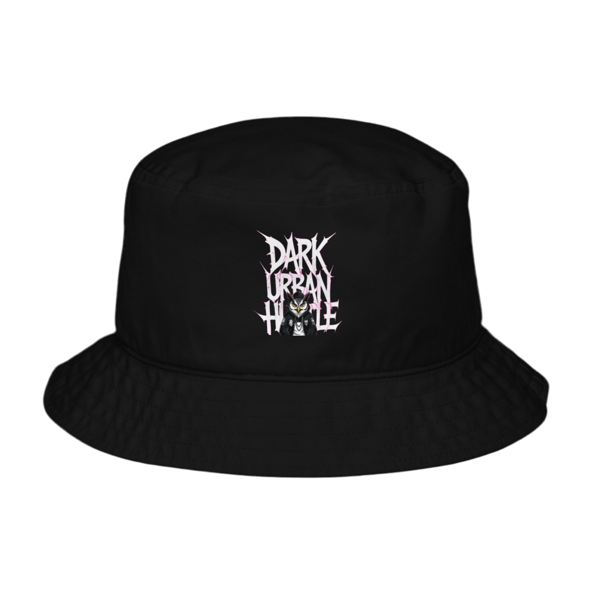 Dark Urban Hustle bucket hat in organic cotton with premium embroidery, designed for unisex streetwear enthusiasts.
