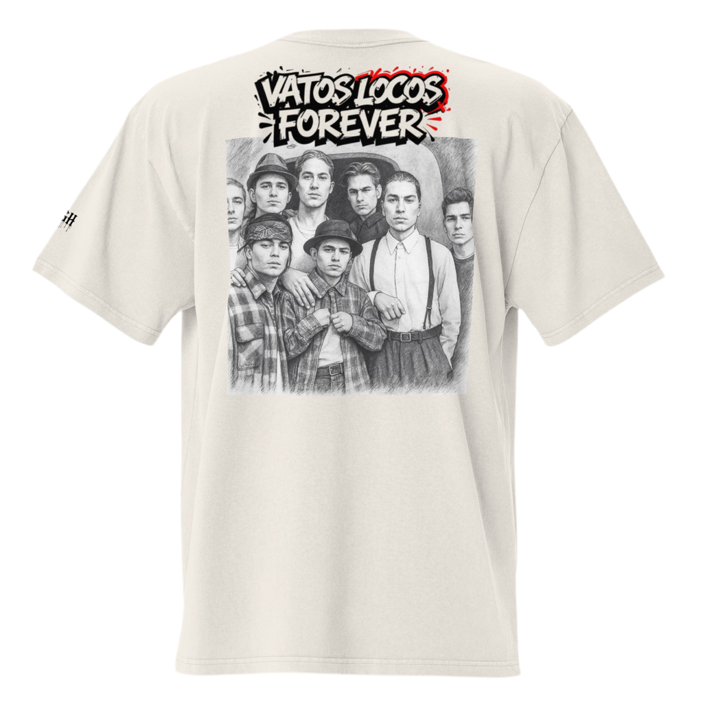 Beige oversized faded cotton t-shirt with backprint ‘Vatos Locos Forever – Blood in Blood Out Worldwide’ inspired by 90s cult streetwear.