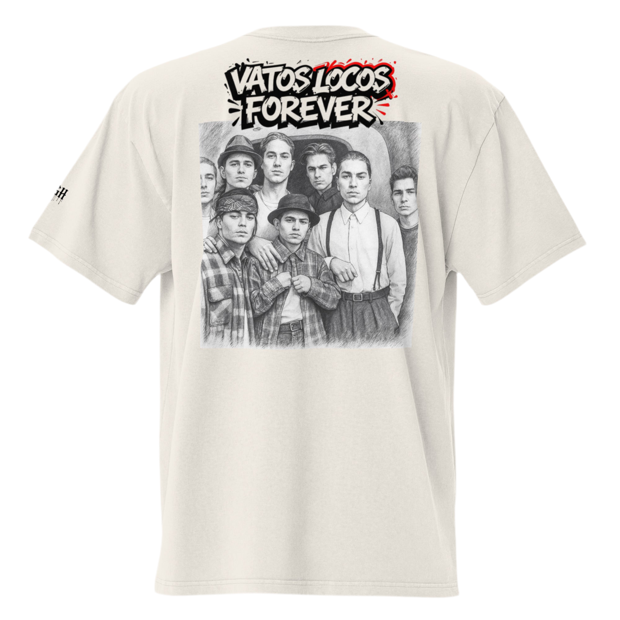 Beige oversized faded cotton t-shirt with backprint ‘Vatos Locos Forever – Blood in Blood Out Worldwide’ inspired by 90s cult streetwear.