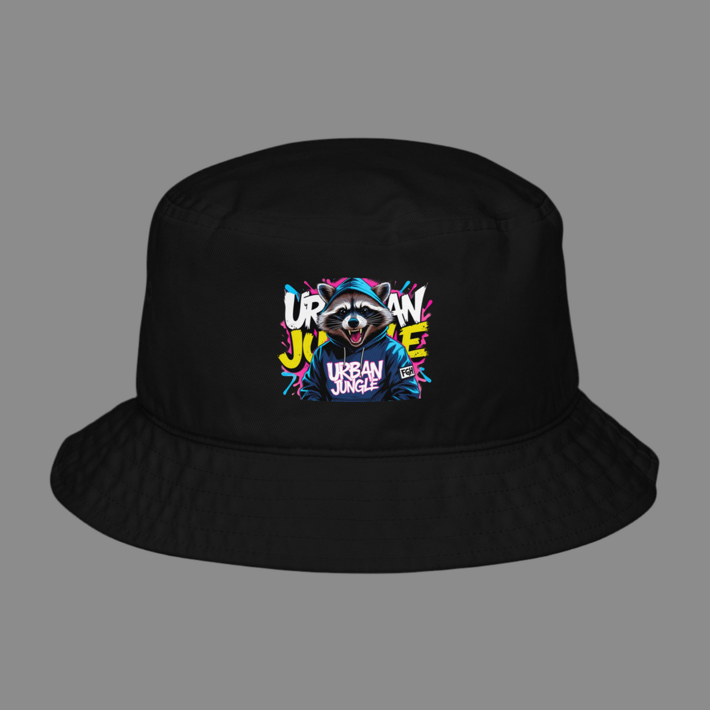 Unisex Urban Jungle Bucket Hat – Bio-Baumwolle – Graffiti Statement – ​​Waschbär-Prime-Motiv