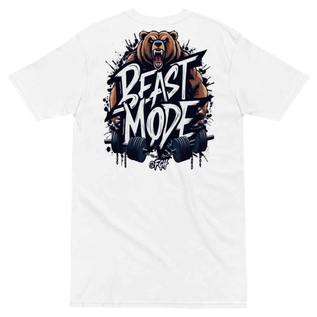 Premium white Gym Hustler T-shirt with bold Beastmode bear backprint and street-art style front tag – heavyweight unisex cotton fit