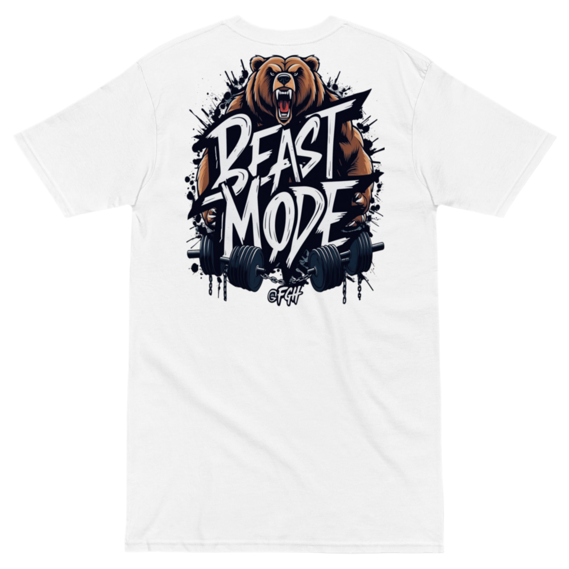 Premium white Gym Hustler T-shirt with bold Beastmode bear backprint and street-art style front tag – heavyweight unisex cotton fit