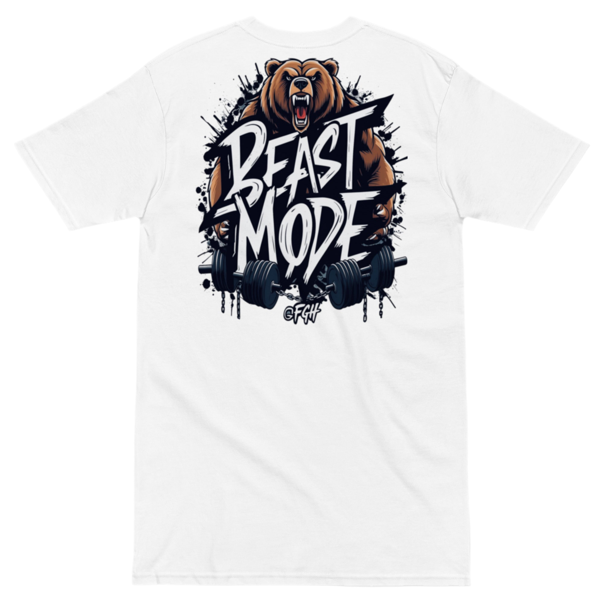 Premium white Gym Hustler T-shirt with bold Beastmode bear backprint and street-art style front tag – heavyweight unisex cotton fit