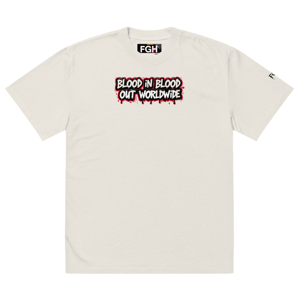 Beige oversized faded cotton t-shirt with backprint ‘Vatos Locos Forever – Blood in Blood Out Worldwide’ inspired by 90s cult streetwear.