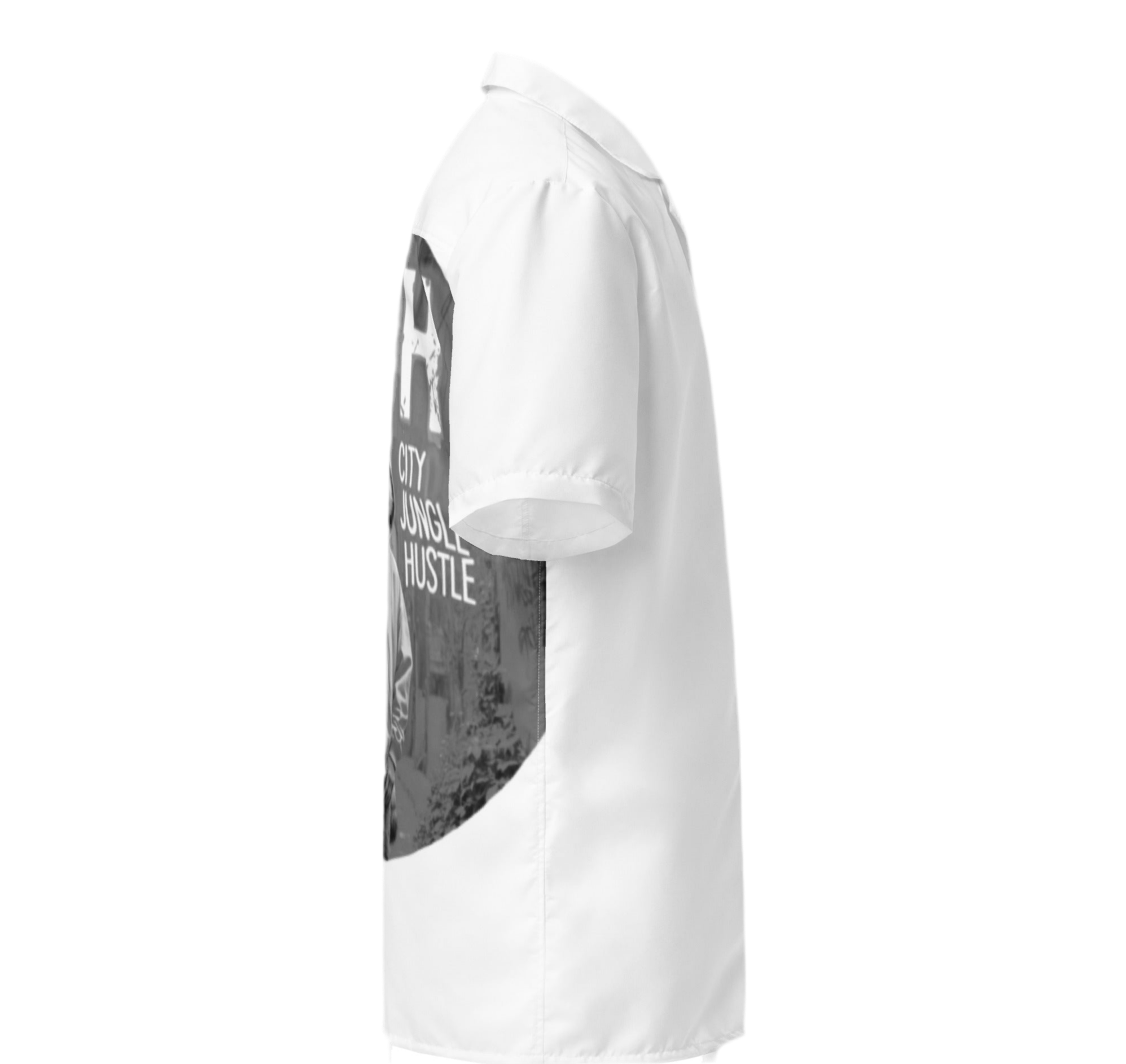 Limited edition Urban Raccoon Jungle Hustle button-up shirt, summer beach tee with graffiti design.