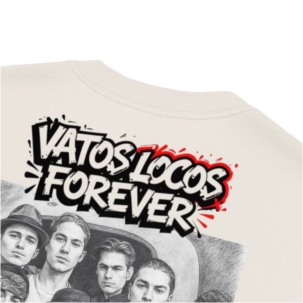 Beige oversized faded cotton t-shirt with backprint ‘Vatos Locos Forever – Blood in Blood Out Worldwide’ inspired by 90s cult streetwear